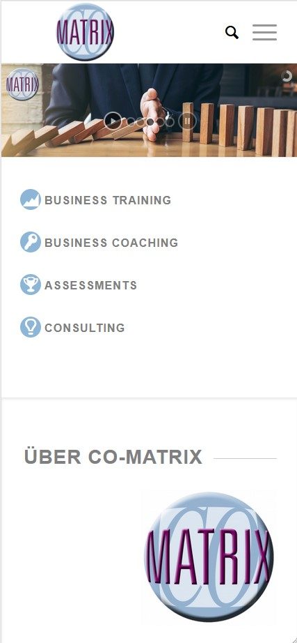 Screenshot der Homepage Firma CO-Matrix in der Mobiltelefon-Ansicht
