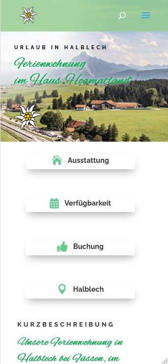 Screenshot der Homepage einer Ferienwohnung in Halblech, in der Mobiltelefon-Ansicht, erstellt von Homepage-Komplett