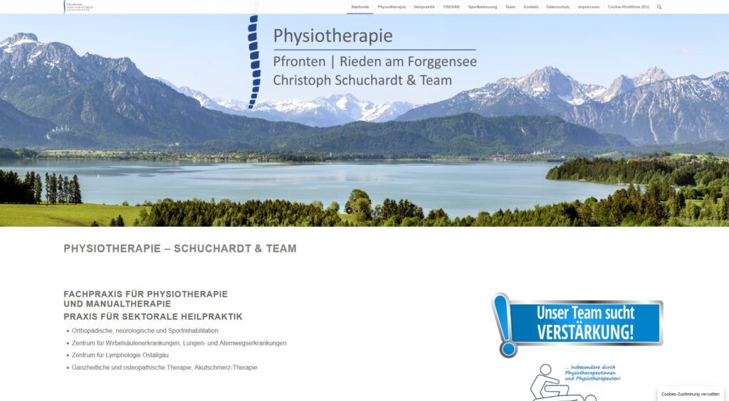 Screenshot der Homepage für Physiotherapie in Pfronten und Rieden, in der PC-Ansicht, mit Landschafts-Foto vom Webdesigner und Fotograf Bernhard Bartsch