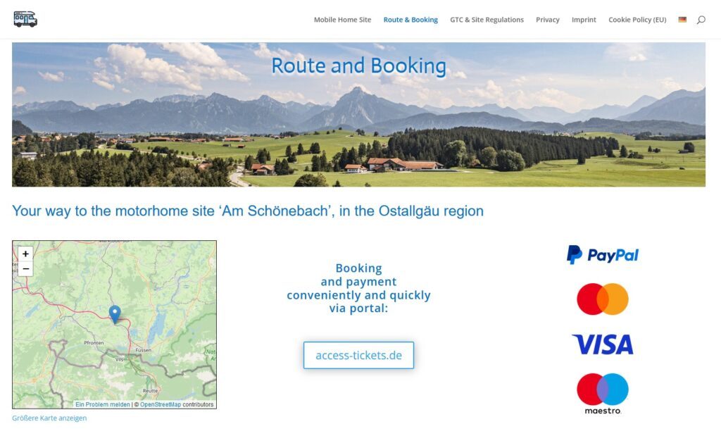 Screenshot der Homepage des Wohnmobilstellplatzes am Schönebach in Eisenberg, in der PC-Ansicht, mit Drohnenfoto der Berglandschaft im Ostallgäu vom Webdesigner und Fotograf Bernhard Bartsch