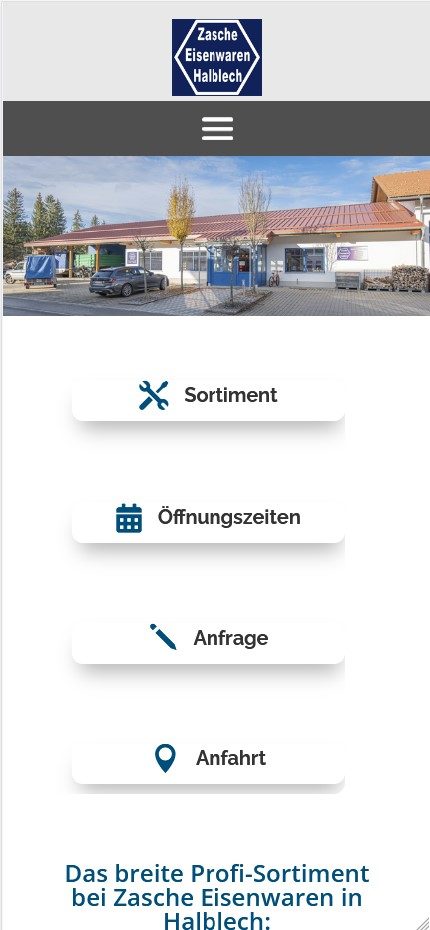 Screenshot der Mobilansicht der Kunden-Website von Zasche Eisenwaren GmbH, mit Fotos vom Webdesigner und Fotograf Bernhard Bartsch