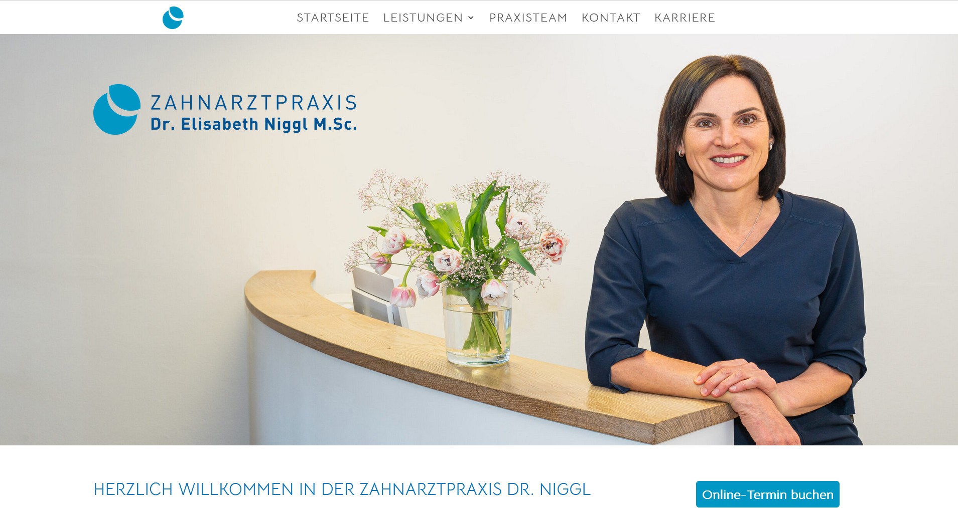 PC-Screenshot für die Website zahnarztpraxis-niggl.de Header mit Inhaberin Dr. Elisabeth Niggl M.Sc., erstellt vom Webdesigner Bernhard Bartsch