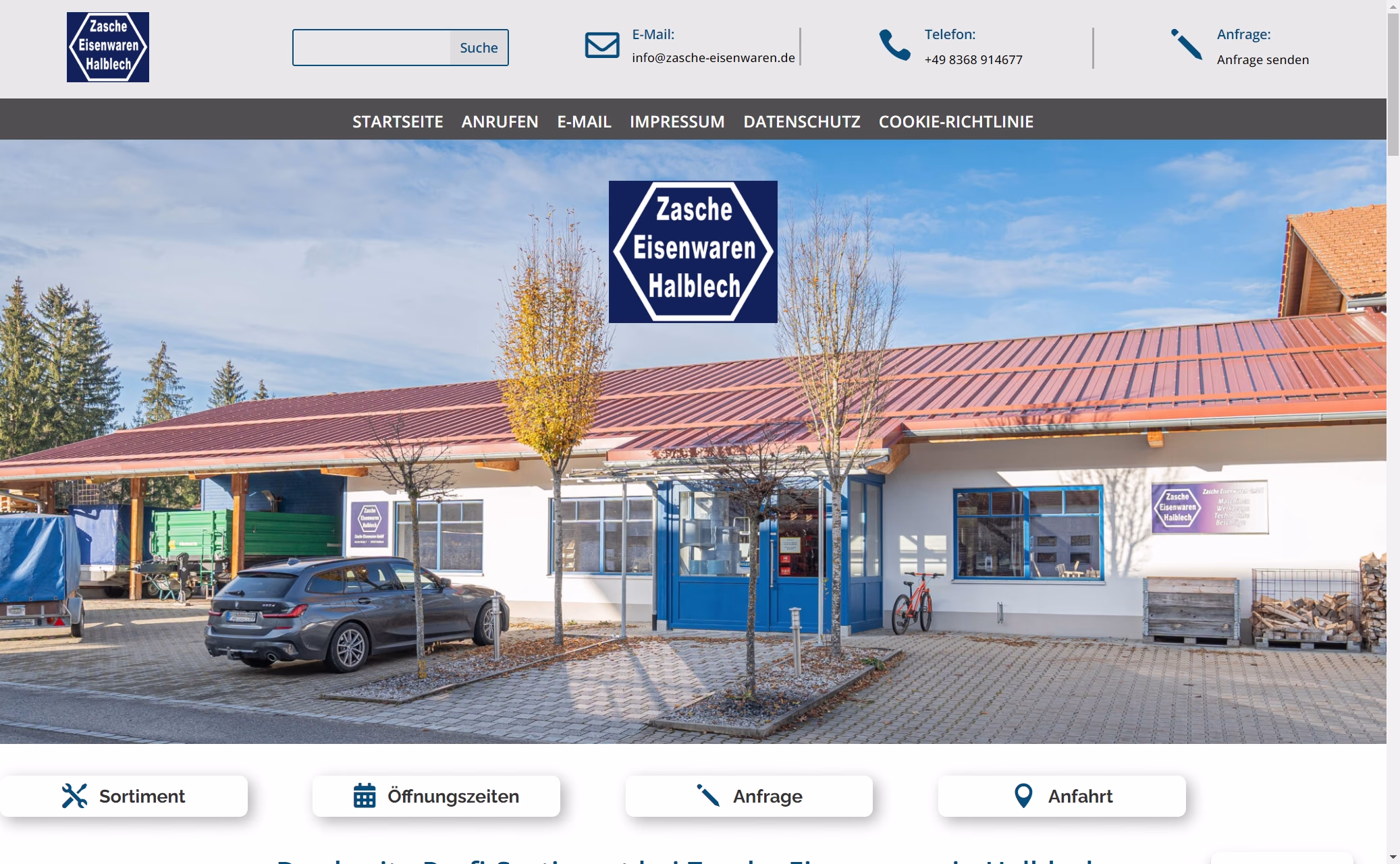 Website-Screenshot PC-Zasche Eisenwaren Screenshot der Website mit Frontansicht der Firma Zasche Eisenwaren GmbH in Halblech, Foto vom Webdesigner und Fotograf Bernhard Bartsch